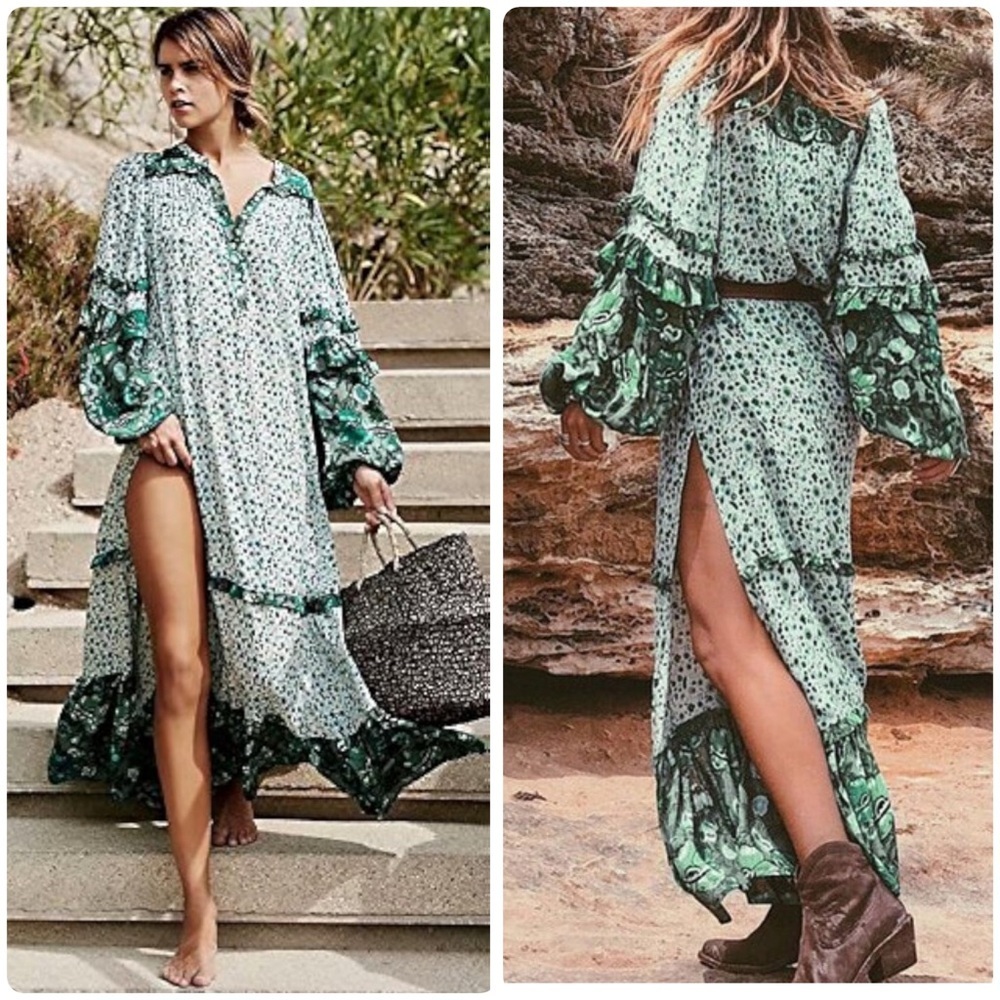 Retro Bohemian Green and White Floral Flowy Beach Vacation Maxi Dress Size XL - Picture 3 of 10